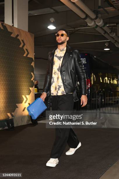 Ben Simmons of the Brooklyn Nets arrives to the arena before the game against the New Orleans Pelicans on October 19, 2022 at Barclays Center in...