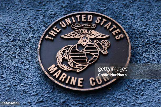 The United States Marine Corps emblem is seen on a monument in Streator, Illinois, United States, on October 15, 2022.