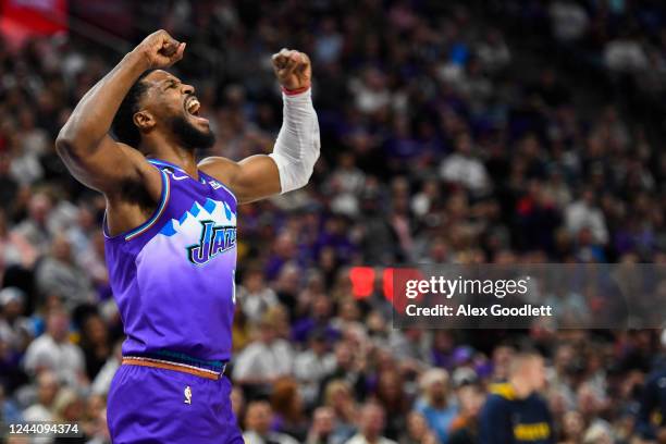 Malik Beasley of the Utah Jazz celebrates against the Denver Nuggets at Vivint Arena on October 19, 2022 in Salt Lake City, Utah. NOTE TO USER: User...