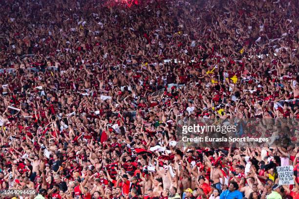 Fans of Flamengo cheer during the second leg match of the final of Copa do Brasil 2022 between Flamengo and Corinthians at Maracana Stadium on...