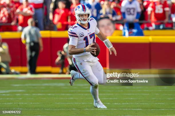 Buffalo Bills quarterback Josh Allen scrambles the ball for extra yardage during the game between the Kansas City Chiefs and the Buffalo Bills on...