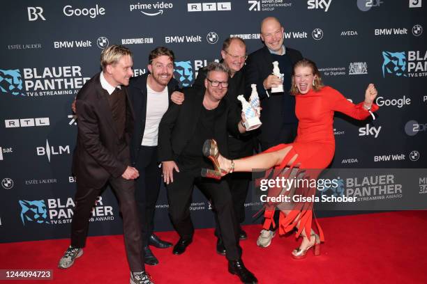 Not L-R : Bob Konrad, Hanno Hackfort , Friedrich Muecke , Thomas Pletzinger and Alina Tomnikov with award during the "Blauer Panther - TV & Streaming...