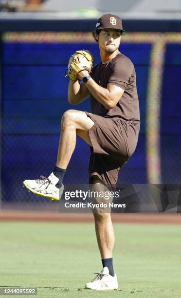 San Diego Padres right-hander Yu Darvish warms up in San Diego, California, on Oct. 19 the day after he pitched against the Philadelphia Phillies in...