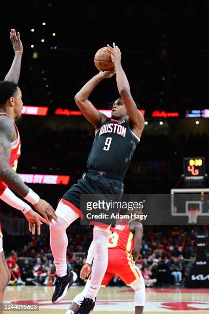 Josh Christopher of the Houston Rockets shoots the ball during the game against the Atlanta Hawks on October 10, 2022 at State Farm Arena in Atlanta,...