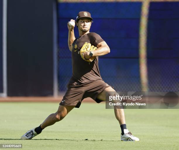 San Diego Padres right-hander Yu Darvish warms up in San Diego, California, on Oct. 19 the day after he pitched against the Philadelphia Phillies in...