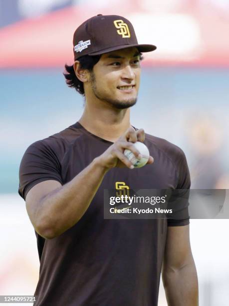 San Diego Padres right-hander Yu Darvish warms up in San Diego, California, on Oct. 19 the day after he pitched against the Philadelphia Phillies in...