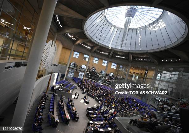 General view shows the plenary hall of the Bundestag in Berlin as German Chancellor Olaf Scholz addresses members of parliament on October 20 ahead...