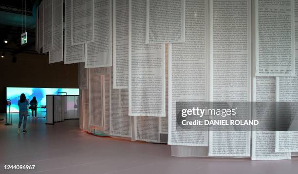 Banners with lettering in Spanish are seen at the stand of Spain, this year's Guest of Honor, at the Frankfurt Book Fair at the Messe fairground in...