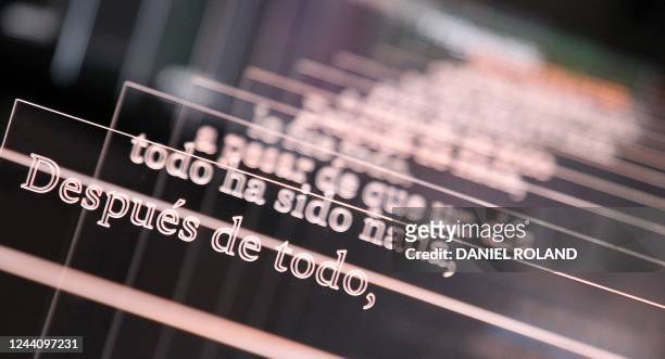 An installation with words in the Spanish language are seen at the stand of Spain, this year's Guest of Honor, at the Frankfurt Book Fair at the...