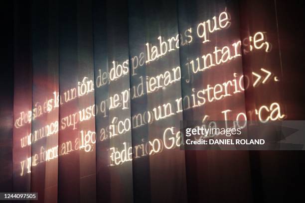 Quote by Spanish poet Federico Garcia Lorca is displayed in Spanish at the stand of Spain, this year's Guest of Honor, at the Frankfurt Book Fair at...
