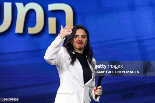 Ayelet Shaked, Israel's Interior Minister and Jewish Home party chief, leaves the stage after a talk at the "Influencers Conference" organised by...