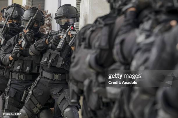Indonesian special forces take part in the counter terrorism exercise ahead of the G20 Summit Meeting in Denpasar, Bali, Indonesia on October 19,...