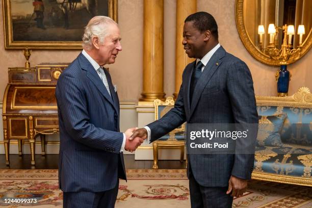 King Charles III during an audience with the President of the Togolese Republic Faure Gnassingbé at Buckingham Palace on October 20, 2022 in London,...