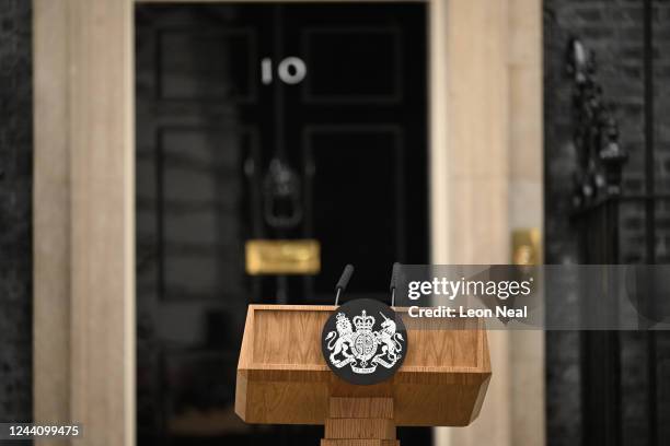 Lectern is installed in front of 10 Downing Street pending a statement by prime Minister Liz Truss, on October 20, 2022 in London, England. Yesterday...
