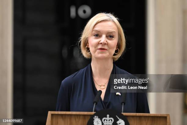 Prime Minister Liz Truss announces her resignation at 10 Downing Street on October 20, 2022 in London, England. Liz Truss has been the UK Prime...