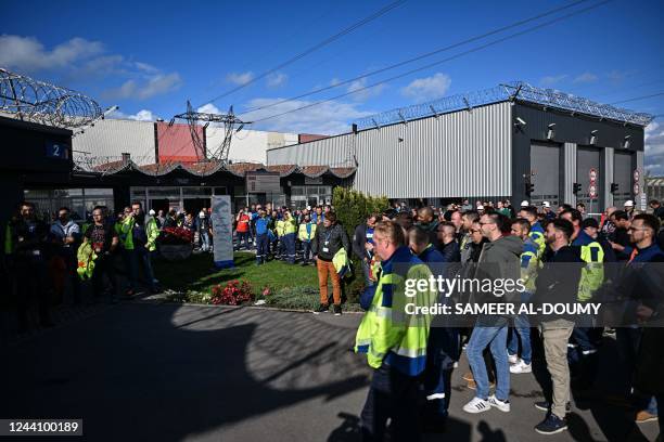 Employees of Gravelines Nuclear Power Station gather at the entrance, during a strike in Gravelines, northern France on October 20, 2022.