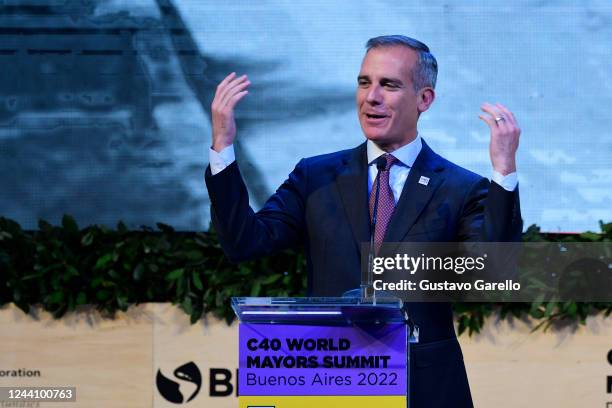 Mayor of Los Angeles Eric Garcetti speaks during day one of the C40 World Mayors Summit Buenos Aires 2022 on October 20, 2022 in Buenos Aires,...