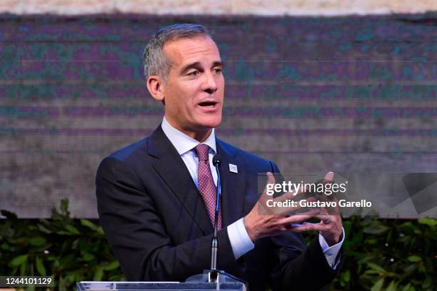 Mayor of Los Angeles Eric Garcetti speaks during day one of the C40 World Mayors Summit Buenos Aires 2022 on October 20, 2022 in Buenos Aires,...