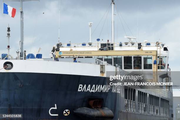 This photograph taken on October 17, 2022 shows the "Vladimir Latyshev" Russian cargo ship which was confiscated in Saint-Malo harbour, western...