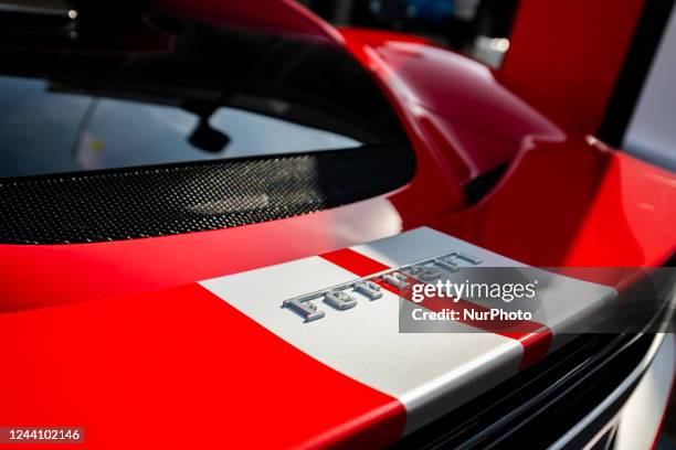 The logo of Ferrari is seen at the "Auto e Moto D'Epoca 2022" Fair in Padova, Italy, on October 20, 2022. -The fair of 2022 is the last...