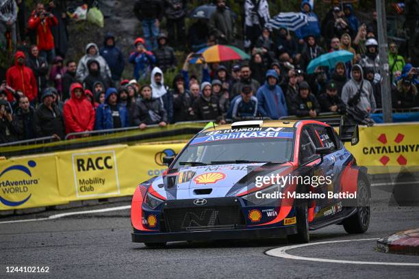 Ott Tanak of Estonia and Martin Jarveoja of Estonia competing with their Hyundai Shell Mobis WRT Hyundai i20 N Rally1 Hybrid during Day One of the...