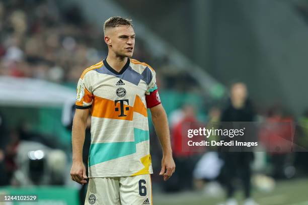 Joshua Kimmich of Bayern Muenchen looks on during the DFB Cup second round match between FC Augsburg and FC Bayern München at WWK-Arena on October...