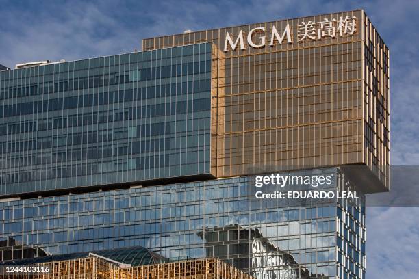 This photograph taken on October 20, 2022 shows MGM building at the Cotai Strip in Macau.