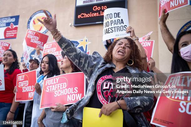 Los Angeles, CA Cecily Myart-Cruz, UTLA President, center, protests with teachers outside Bravo Medical Magnet High School in Los Angeles Wednesday,...