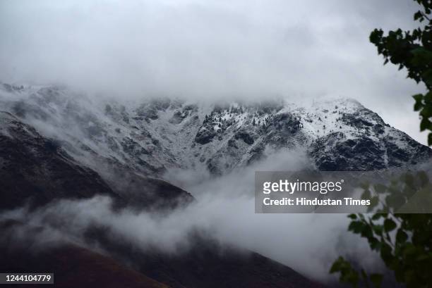 View of snow clad mountains, on October 20, 2022 in Srinagar, India. The UT of Ladakh has also witnessed heavy snowfall resulting in suspension of...