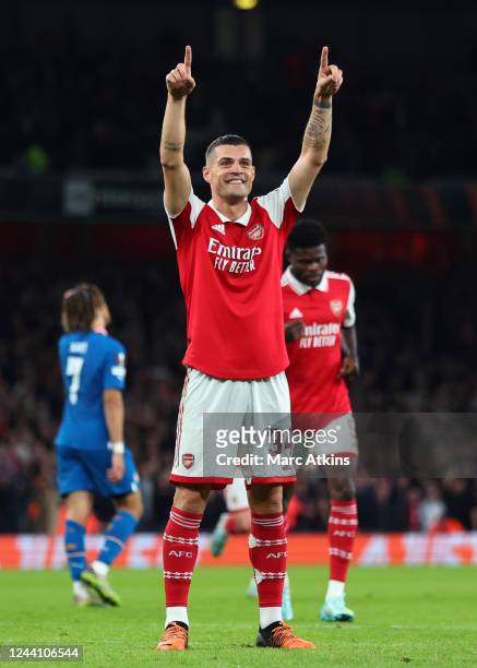 Granit Xhaka of Arsenal celebrates scoring the 1st goal during the UEFA Europa League group A match between Arsenal FC and PSV Eindhoven at Emirates...