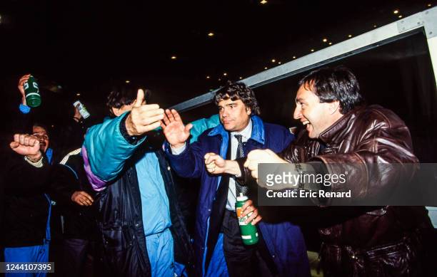 Raymond GOETHALS head coach, Bernard TAPIE, president and Jean-Pierre BERNES of Marseille celebrate during the Division 1 match between Monaco and...