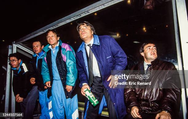 Raymond GOETHALS head coach, Bernard TAPIE, president and Jean-Pierre BERNES of Marseille during the Division 1 match between Monaco and Marseille,...