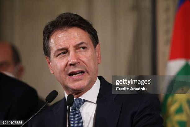 Leader of Five Star Movement Giuseppe Conte speaks to press members after a meeting with Italian President Sergio Mattarella as part of consultations...