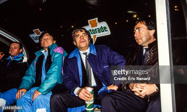 Raymond GOETHALS head coach, Bernard TAPIE, president and Jean-Pierre BERNES of Marseille during the Division 1 match between Monaco and Marseille,...