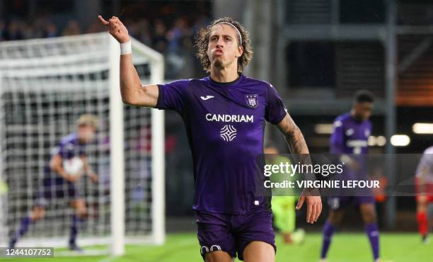 Anderlecht's Fabio Silva celebrates after scoring during a soccer match between SV Zulte Waregem and RSC Anderlecht, Thursday 20 October 2022 in...