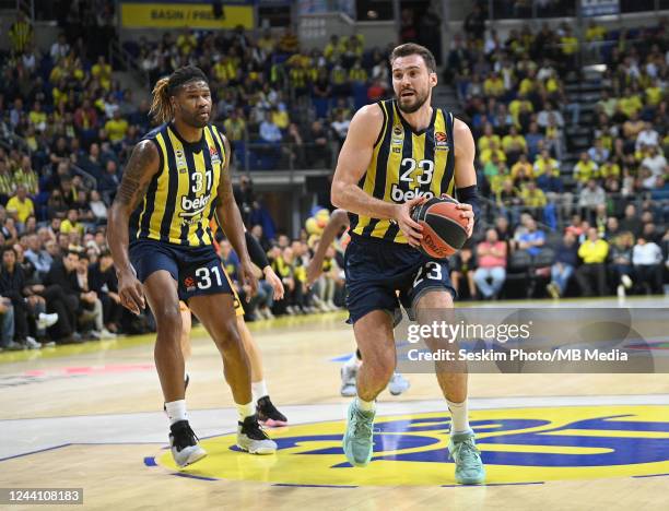 Devin Booker and Marko Guduric of Fenerbahce Beko Istanbul in action during the 2022/2023 Turkish Airlines EuroLeague Regular Season Round 4 match...