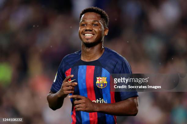 Ansu Fati of FC Barcelona celebrates 3-0 during the La Liga Santander match between FC Barcelona v Villarreal at the Spotify Camp Nou on October 20,...