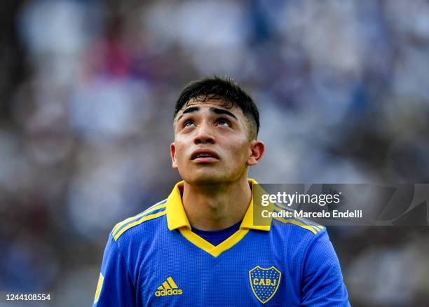 Luca Langoni of Boca Juniors gestures after being replaced during a match between Gimnasia y Esgrima La Plata and Boca Juniors as part of Liga...