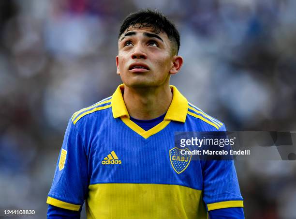 Luca Langoni of Boca Juniors gestures after being replaced during a match between Gimnasia y Esgrima La Plata and Boca Juniors as part of Liga...