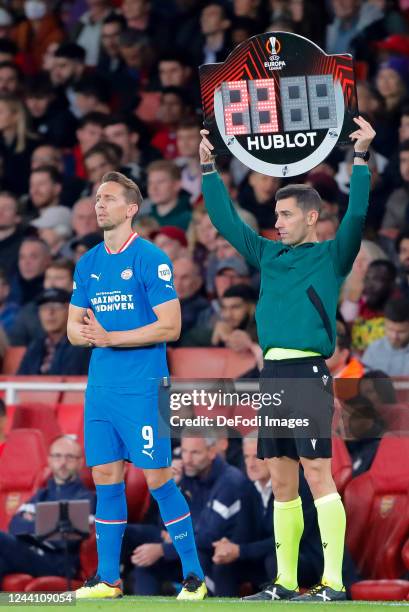 Luuk de Jong of PSV Eindhoven substitutes during the UEFA Europa League group A match between Arsenal FC and PSV Eindhoven at Emirates Stadium on...