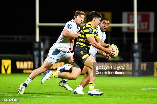 Simao Bento of Stade Montois, Théo Belan of Agen during the Pro D2 match between Stade Montois and SU Agen at Stade Guy Boniface on October 20, 2022...