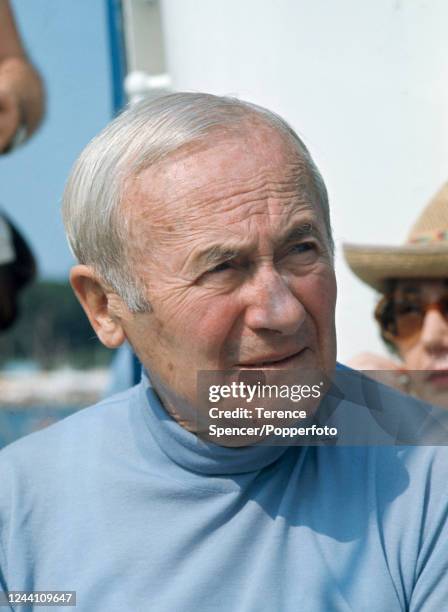 Spanish artist and sculptor Joan Miro on the occasion of the submersion of his ceramic sculpture "Venus of the Sea" off the coast of Juan-les-Pins in...