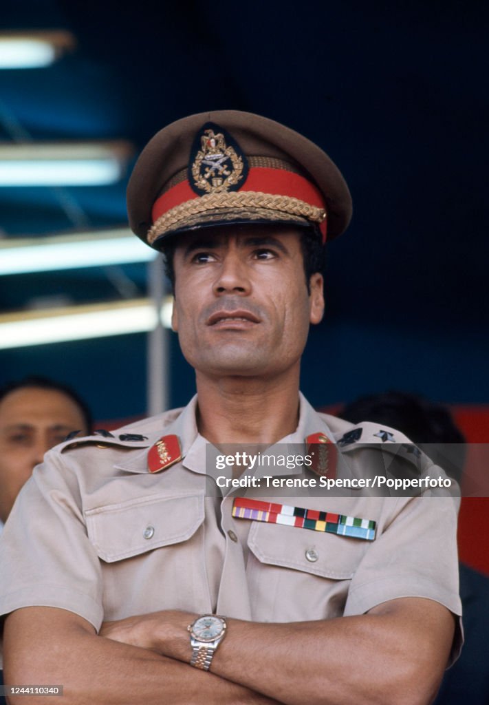 Colonel Muammar Gaddafi , leader of Libya, wearing a military uniform ...