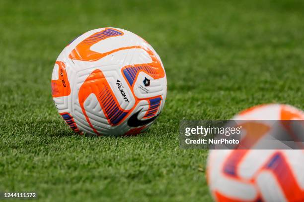 Russian Football Premier League logo is seen on official ball during the warm-up ahead of the Russian Cup match between FC Zenit Saint Petersburg and...