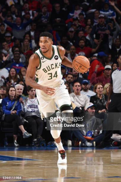 Giannis Antetokounmpo of the Milwaukee Bucks drives to the basket during the game against the Philadelphia 76ers on October 20, 2022 at the Wells...