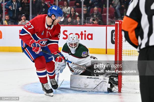 Jonathan Drouin of the Montreal Canadiens shoots the puck towards goaltender Connor Ingram of the Arizona Coyotes during the second period of the...