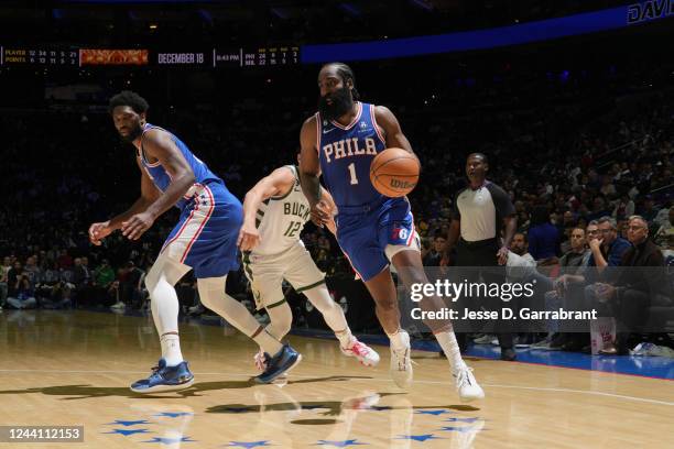 James Harden of the Philadelphia 76ers dribbles the ball during the game against the Milwaukee Bucks on October 20, 2022 at the Wells Fargo Center in...