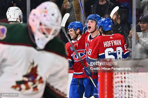 Juraj Slafkovsky of the Montreal Canadiens reacts after scoring his first career NHL goal during the second period of the game against the Arizona...