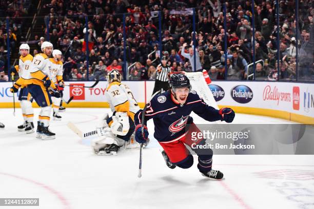 Nick Blankenburg of the Columbus Blue Jackets celebrates after scoring a goal during the third period of a game against the Nashville Predators at...