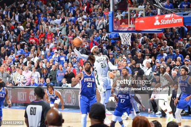 Wesley Matthews of the Milwaukee Bucks grabs the rebound during the game against the Philadelphia 76ers on October 20, 2022 at the Wells Fargo Center...